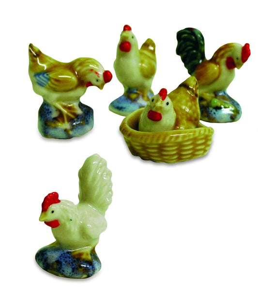 Gallo e gallina porcellana ass. 5 pz   4,5 cm